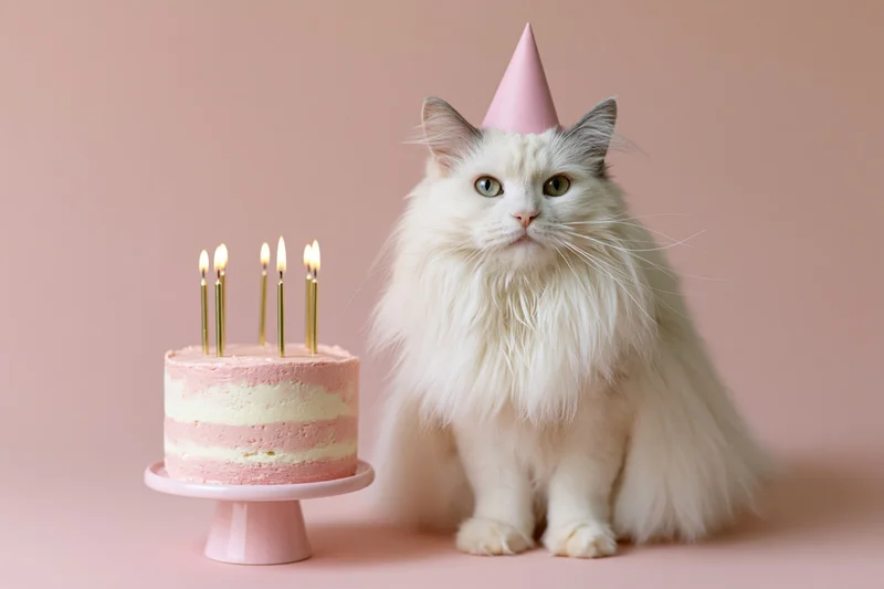 White long-haired cat wearing pink party hat beside birthday cake with lit candles on pink background