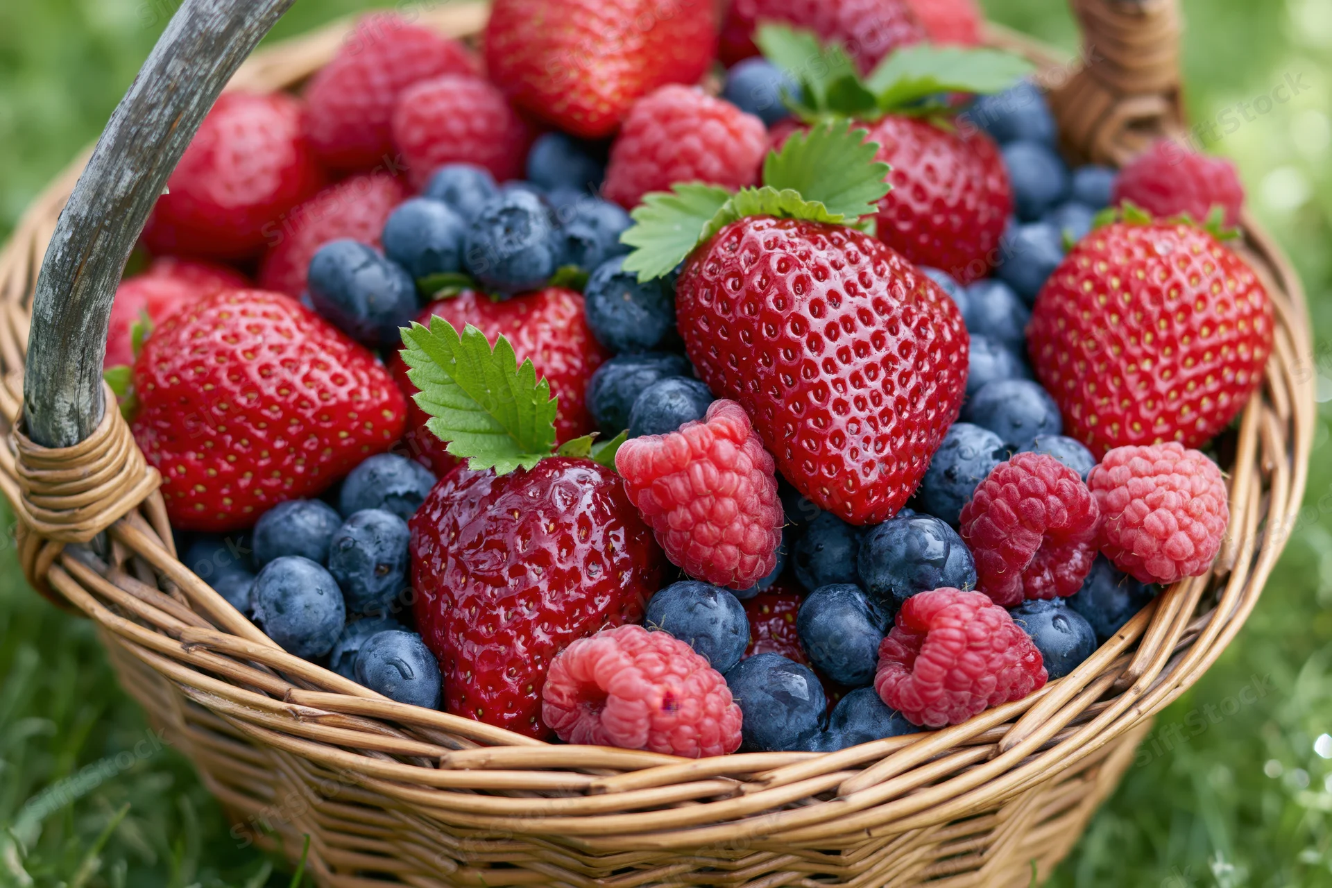 Wicker basket filled with fresh strawberries blueberries and raspberries on grass