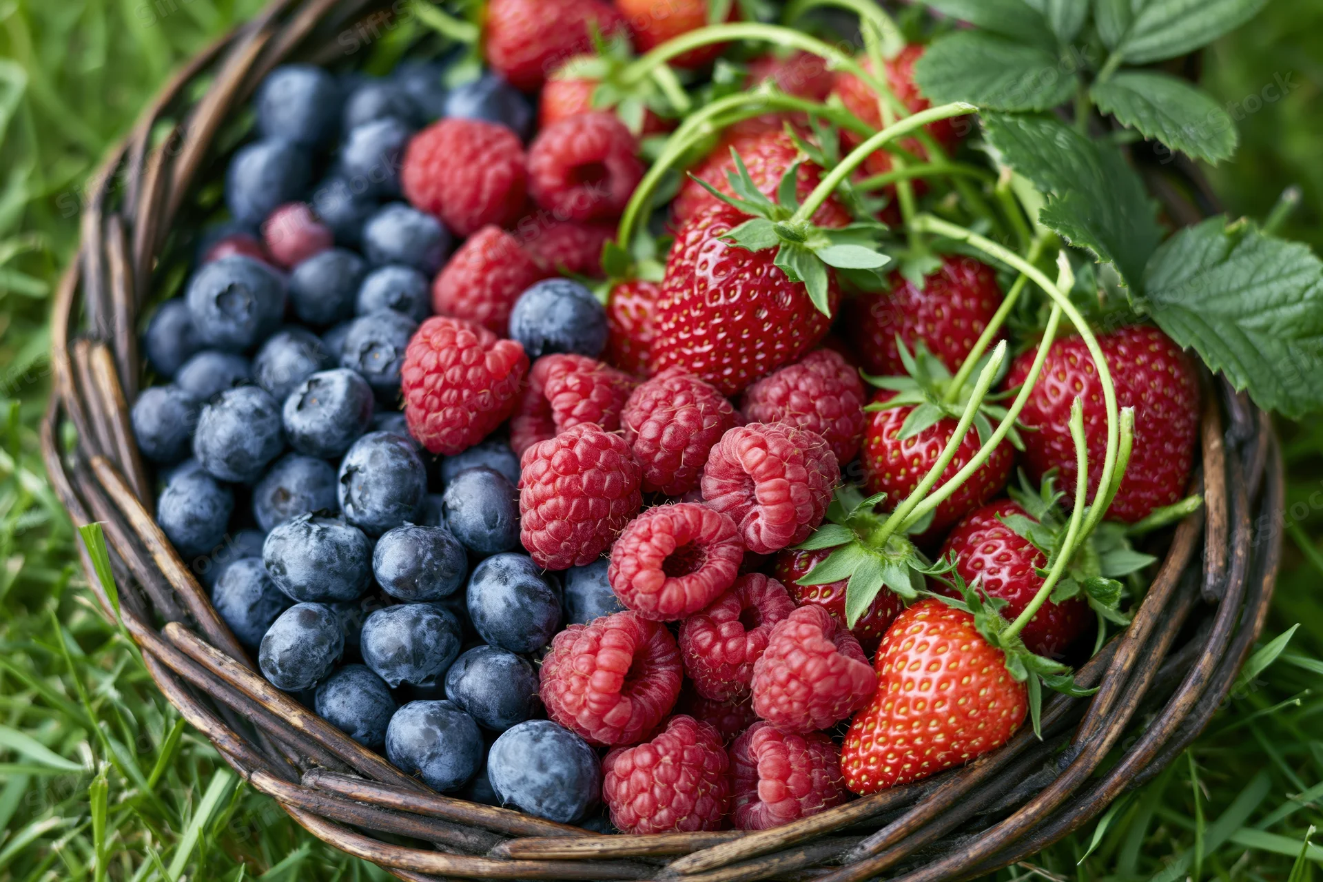 Wicker basket filled with blueberries, raspberries and strawberries on grass