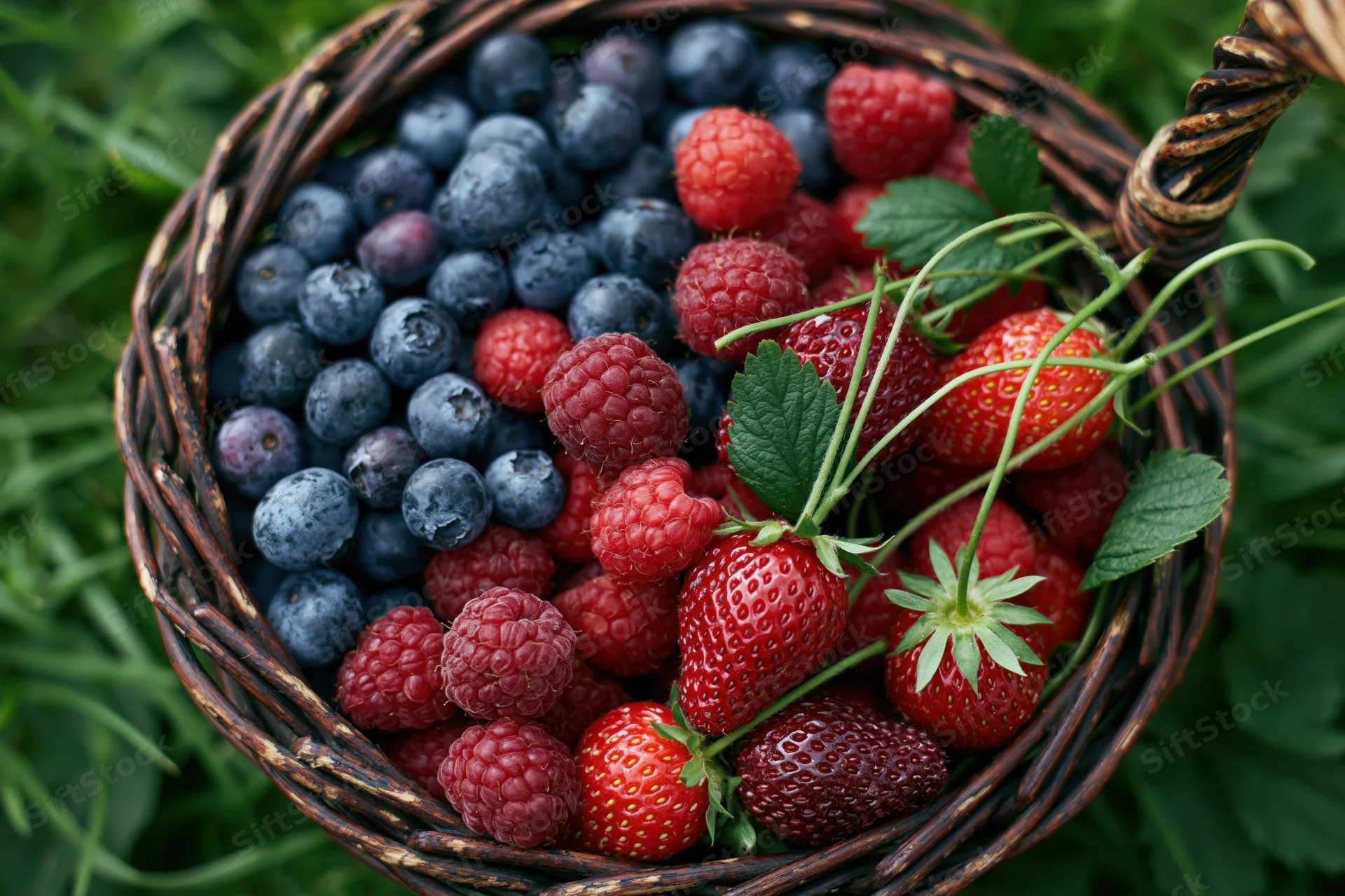 Wicker basket filled with blueberries, raspberries and strawberries in a garden setting