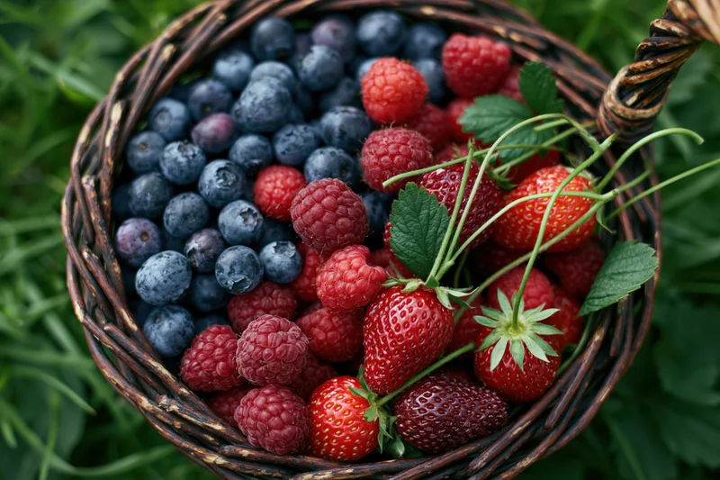 Wicker basket filled with blueberries, raspberries and strawberries in a garden setting