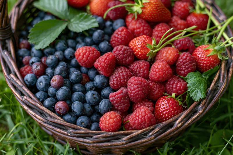 Wicker basket overflowing with fresh blueberries, raspberries and strawberries on grass