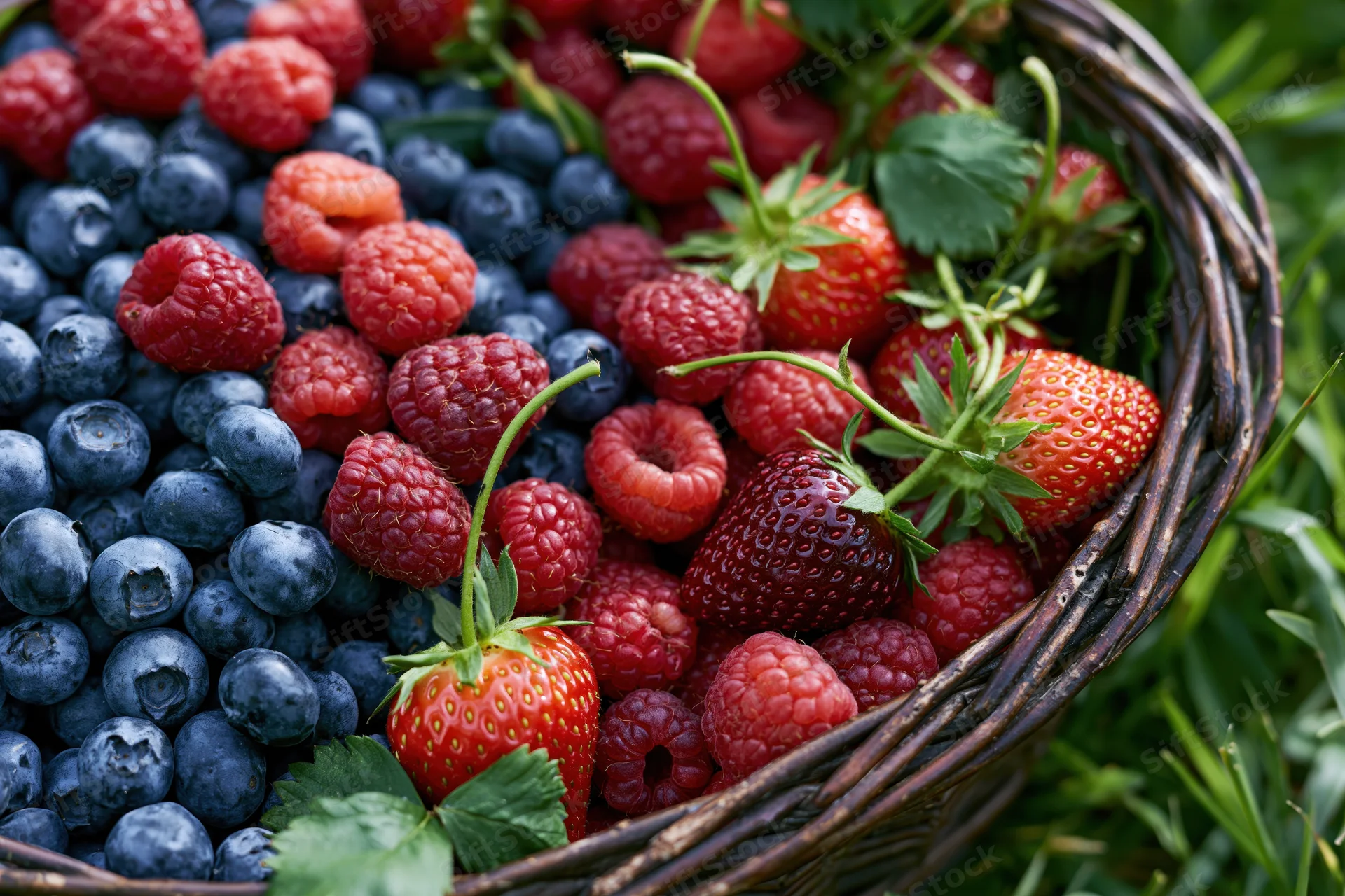 Wicker basket overflowing with fresh strawberries, raspberries and blueberries on grass
