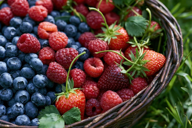 Wicker basket overflowing with fresh strawberries, raspberries and blueberries on grass
