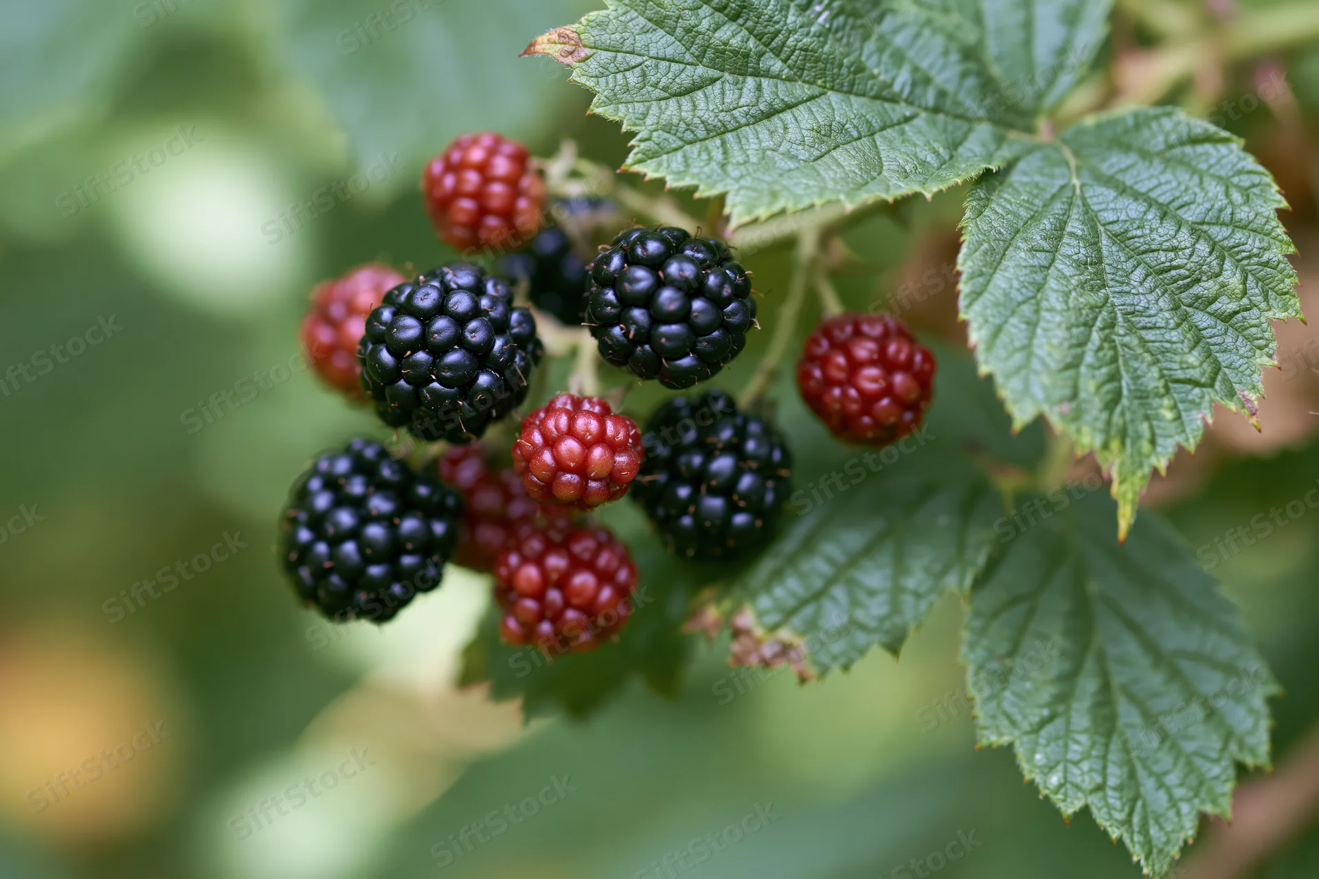 Blackberries in various stages of ripeness growing on a leafy bush