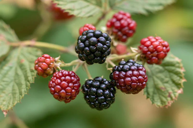 Ripe and unripe blackberries clustered on a bush with green leaves in a garden setting