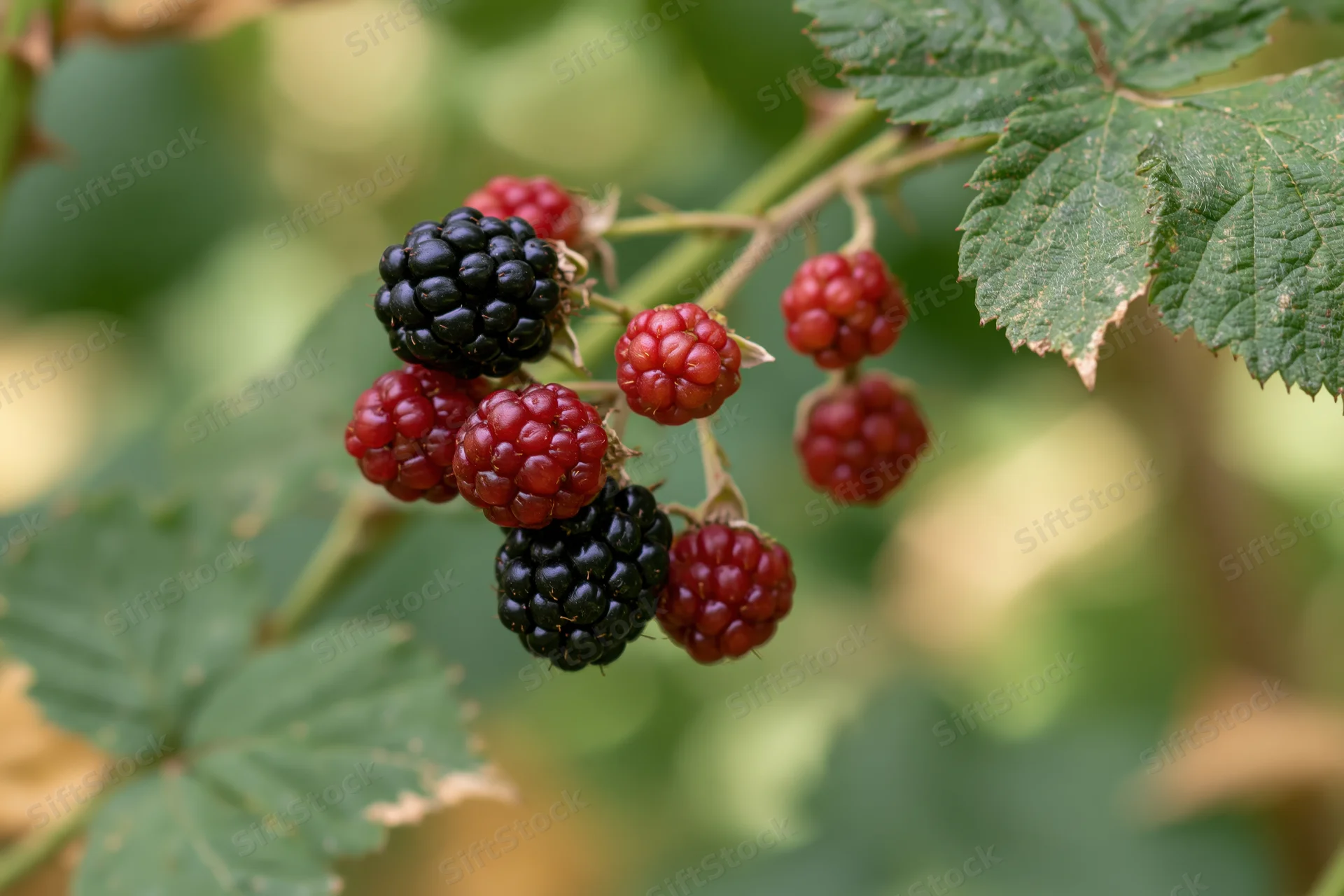 Blackberries in various stages of ripening on a leafy branch in a garden setting