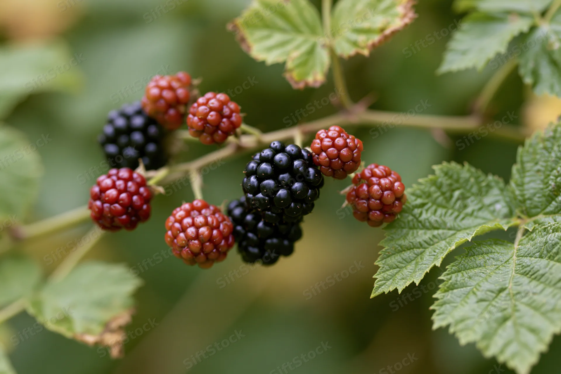 Blackberries in various stages of ripening on a leafy branch outdoors