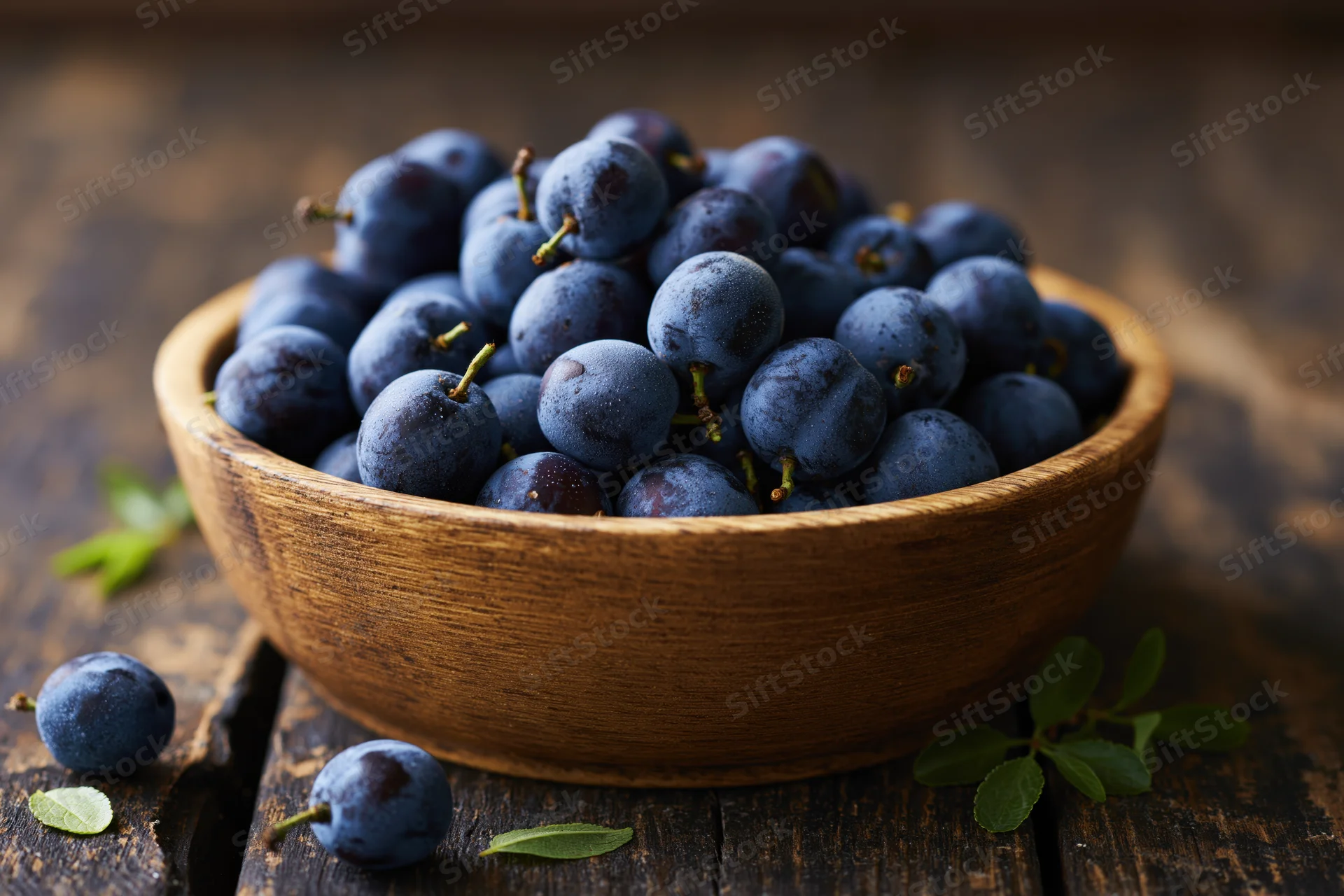 Wooden bowl filled with fresh sloe berries on a rustic wooden table