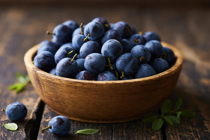 Wooden bowl filled with fresh sloe berries on a rustic wooden table
