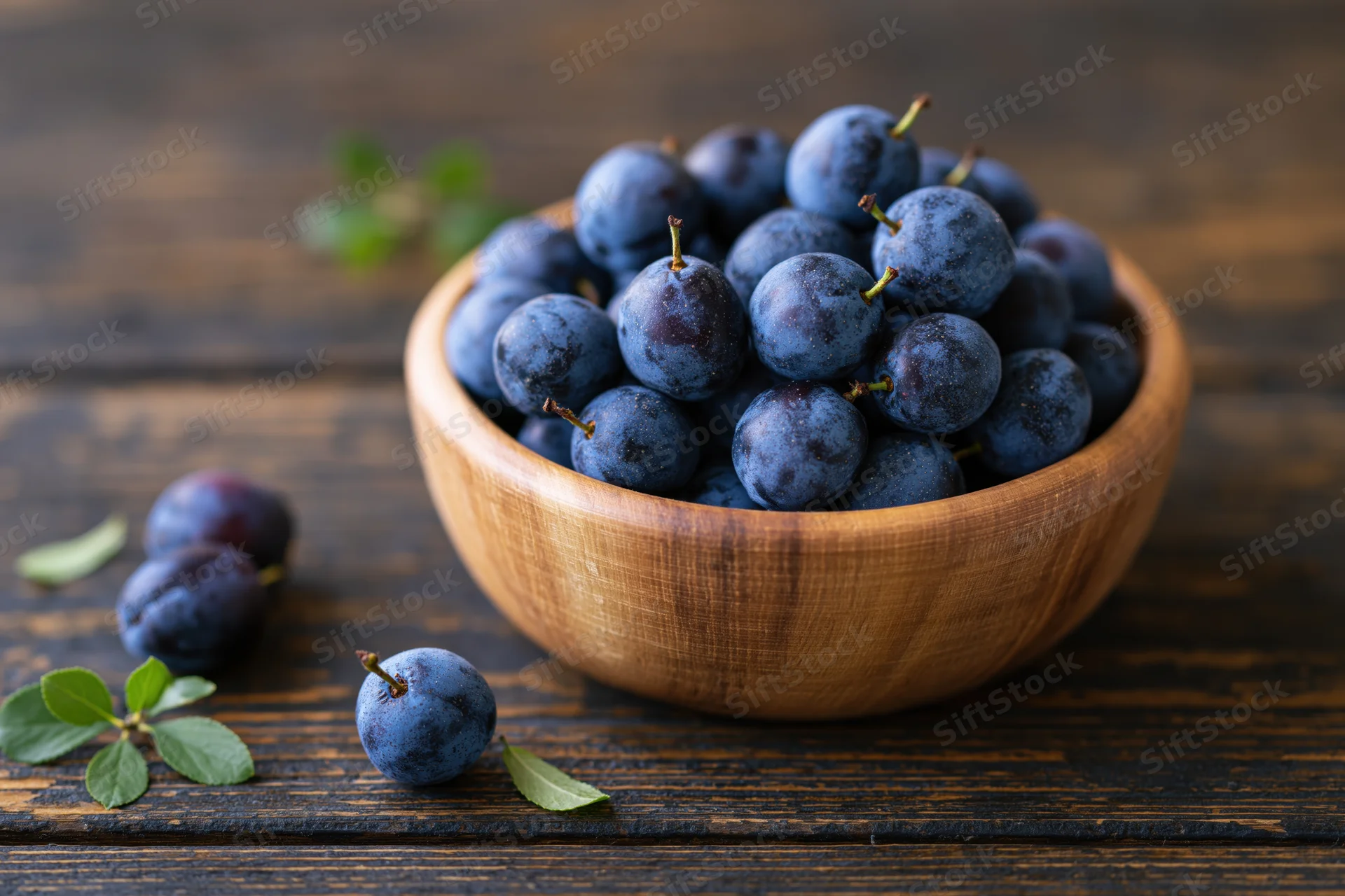 Wooden bowl filled with fresh sloe berries on dark rustic table with scattered berries and leaves