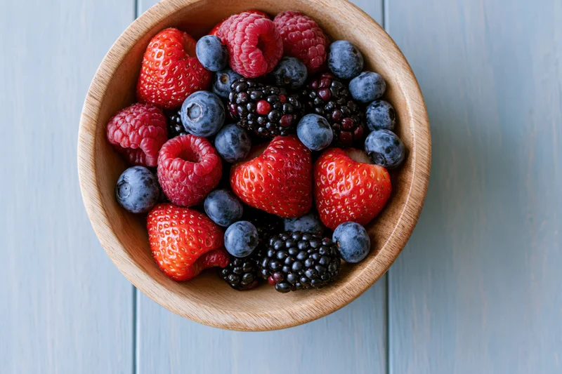 Wooden bowl filled with fresh strawberries blueberries blackberries and raspberries on a light blue wooden surface