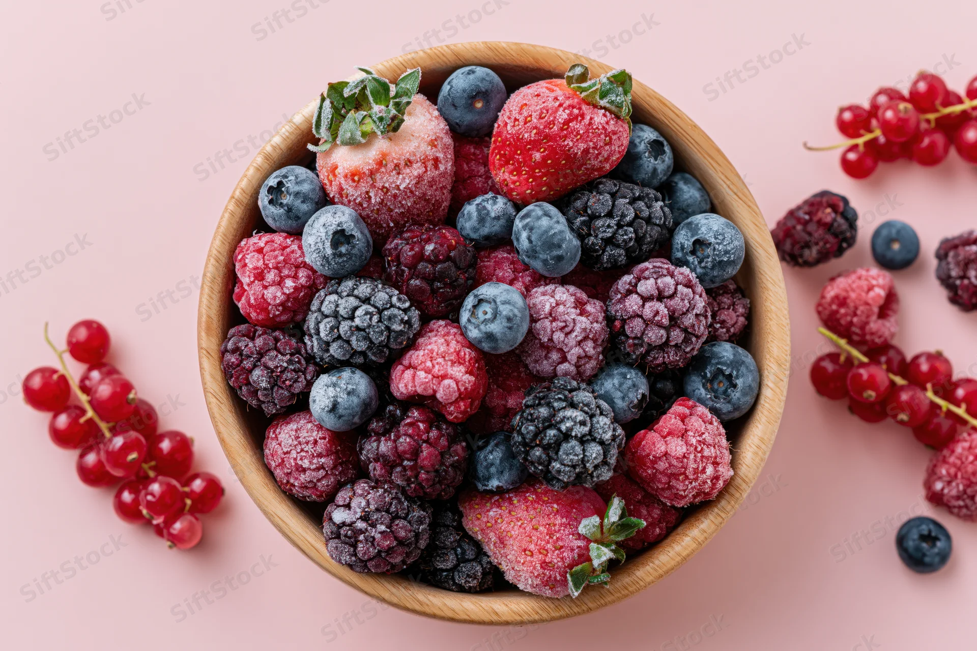 Frost-covered mixed berries in a wooden bowl on a pink surface