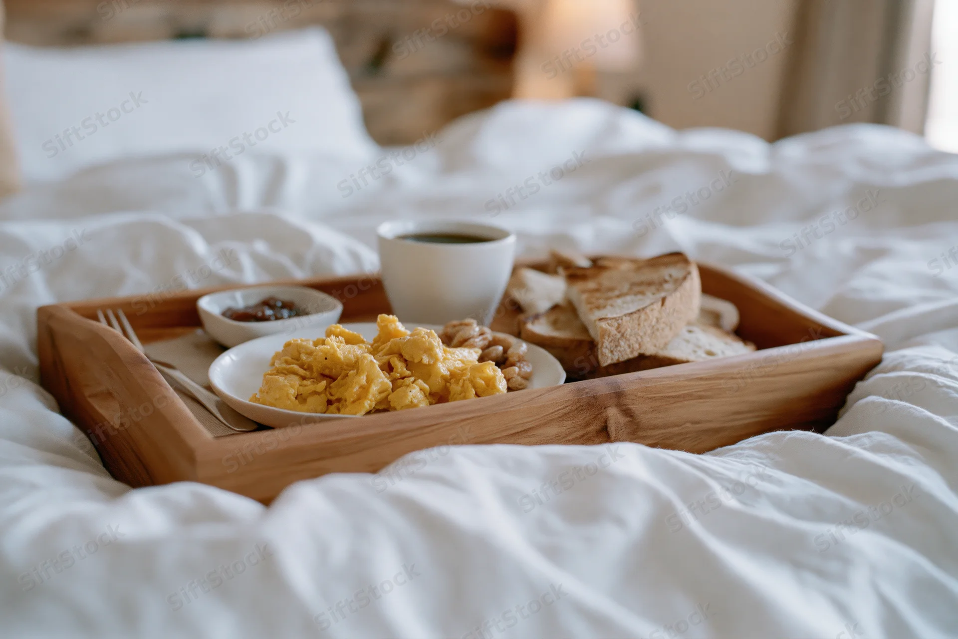 Wooden tray with breakfast of scrambled eggs, toast, jam and coffee on a bed