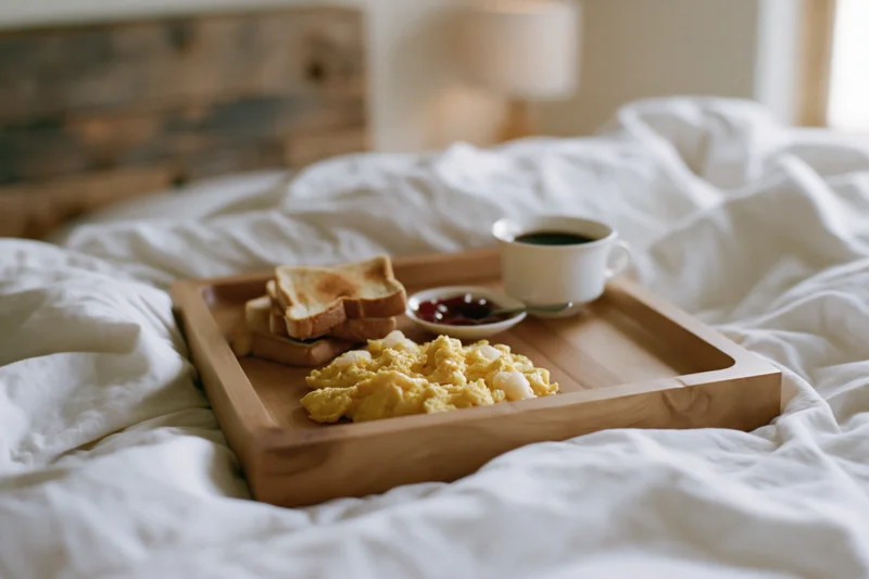 Wooden breakfast tray with scrambled eggs, toast, jam and coffee on a bed in a cozy bedroom