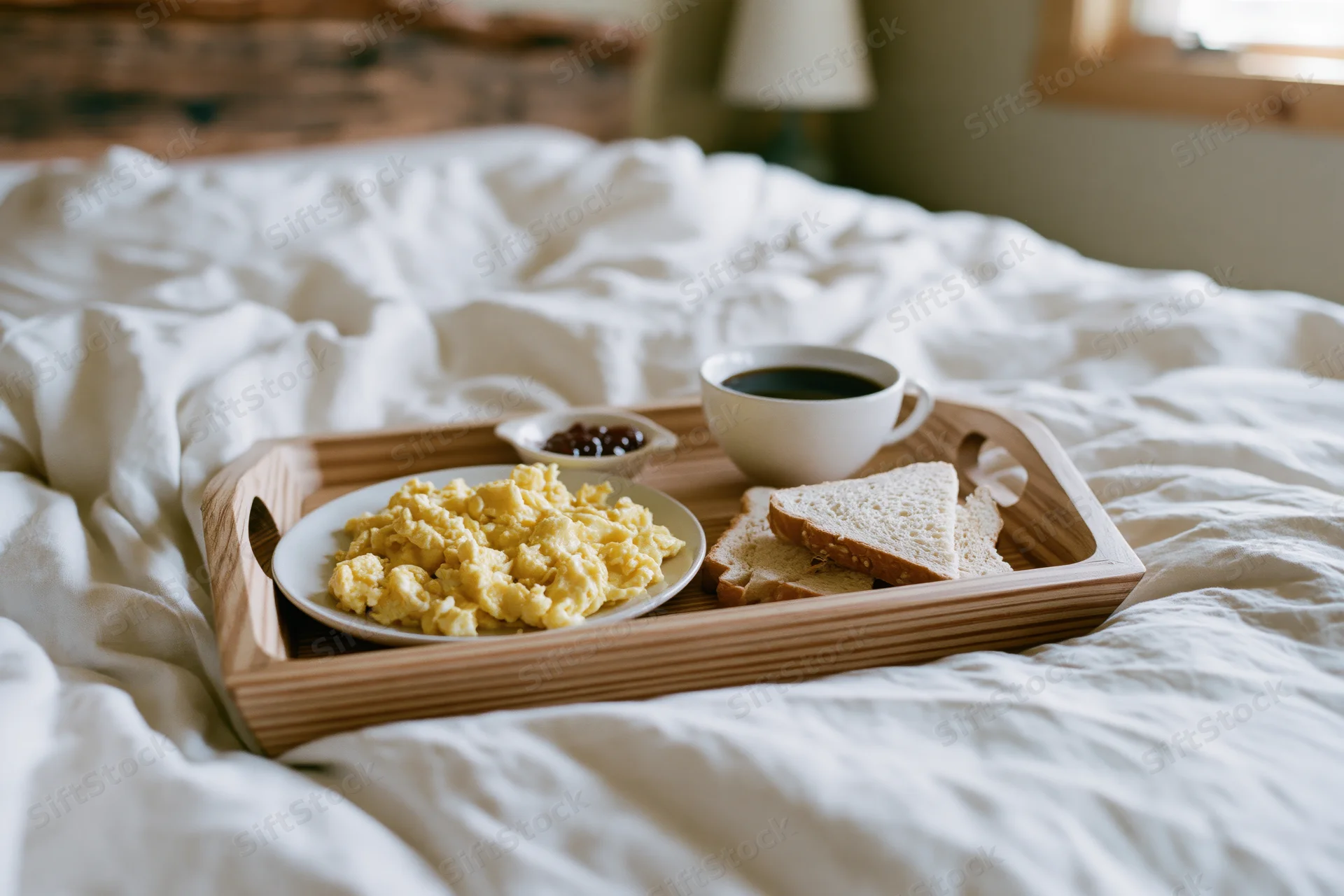Wooden tray with scrambled eggs, toast, coffee and jam on a bed in a bedroom