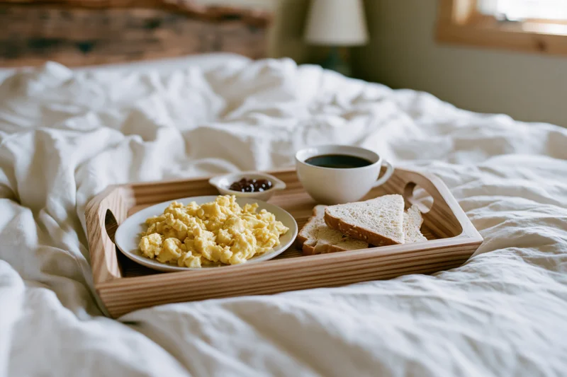 Wooden tray with scrambled eggs, toast, coffee and jam on a bed in a bedroom