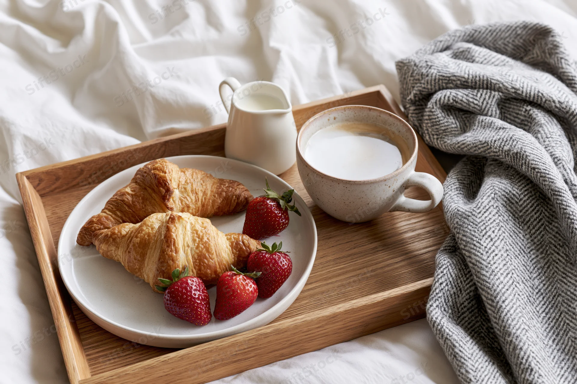 Wooden breakfast tray with croissants, strawberries, coffee and milk on a rumpled white bed beside a gray knit blanket