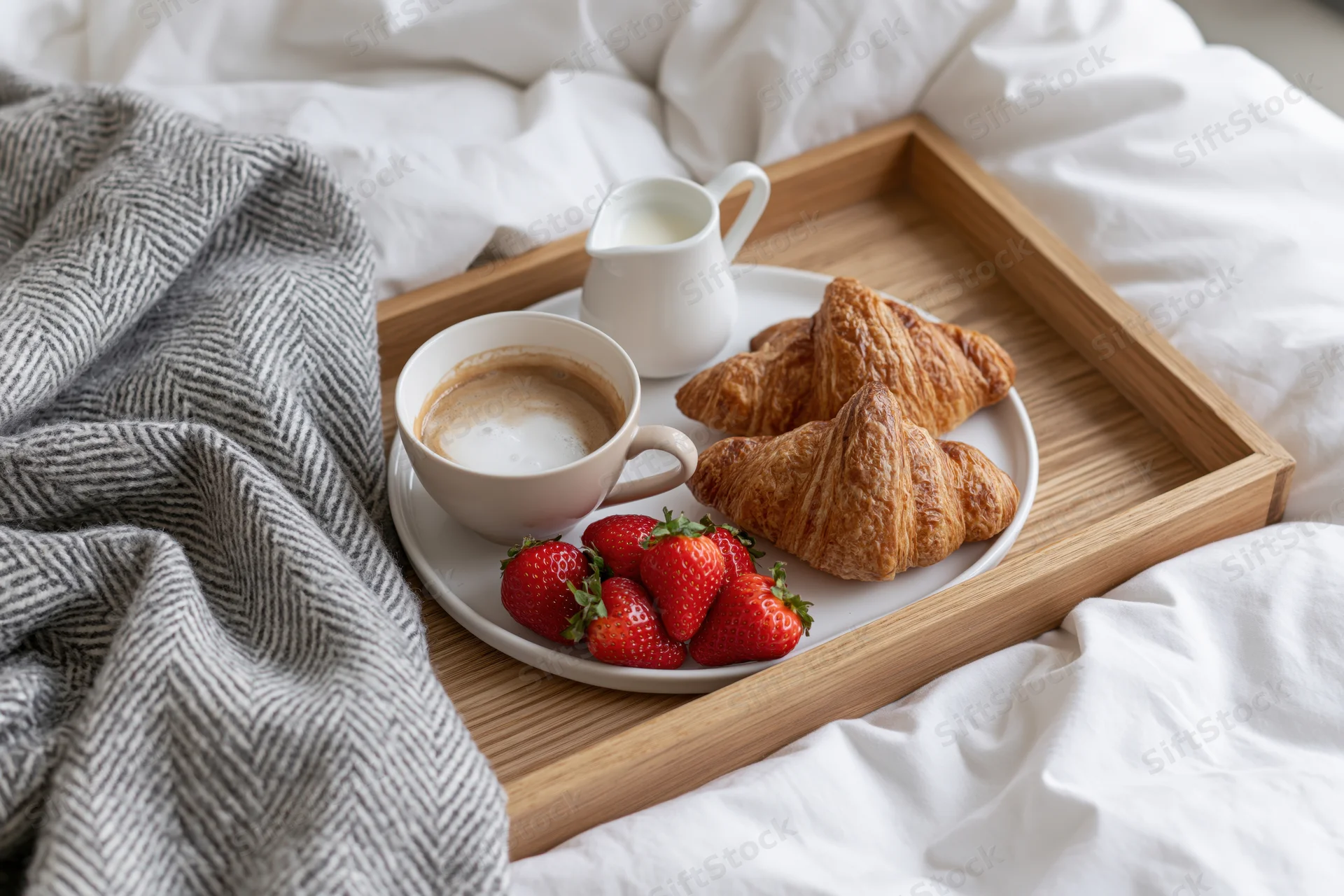 Wooden breakfast tray with croissants, strawberries, coffee and milk on a rumpled white bed