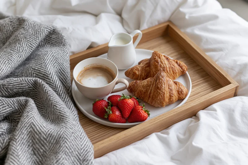 Wooden breakfast tray with croissants, strawberries, coffee and milk on a rumpled white bed