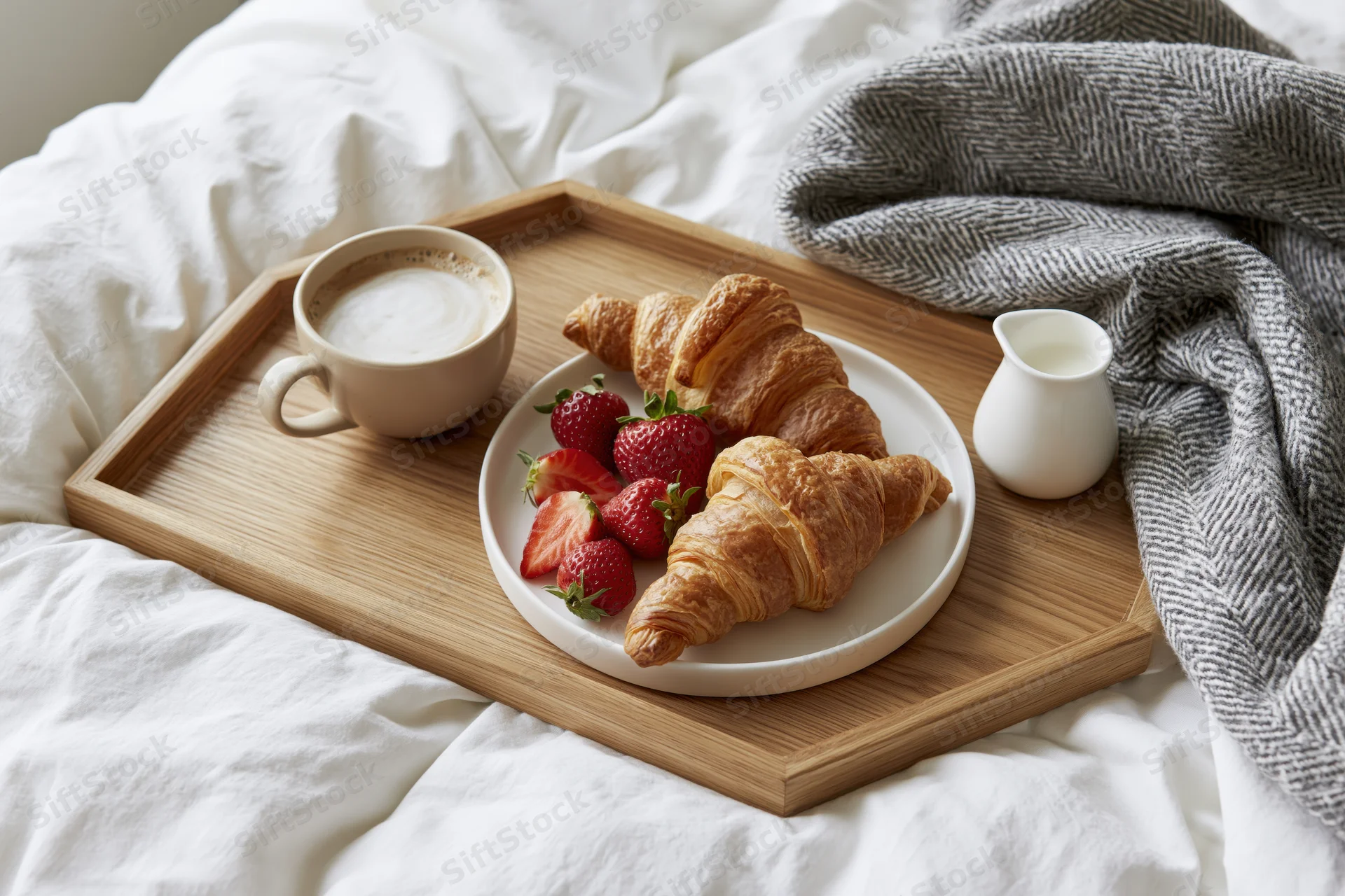 Wooden breakfast tray with croissants, strawberries, coffee and milk on a rumpled white bed