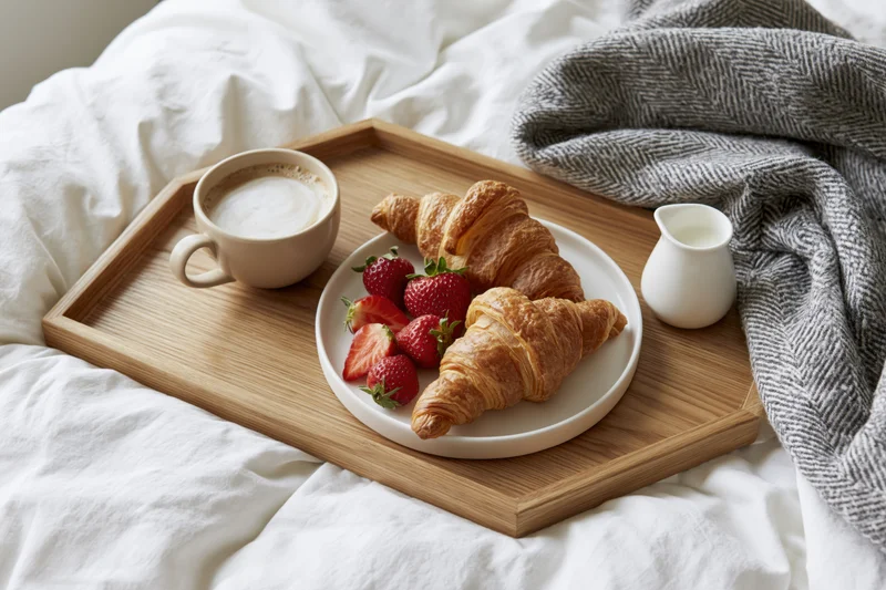 Wooden breakfast tray with croissants, strawberries, coffee and milk on a rumpled white bed