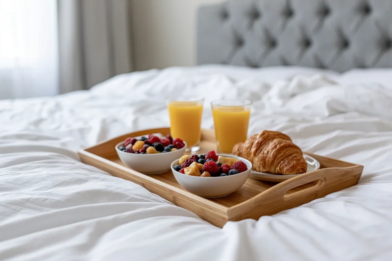 Wooden breakfast tray with fruit, croissant and orange juice on a white hotel bed