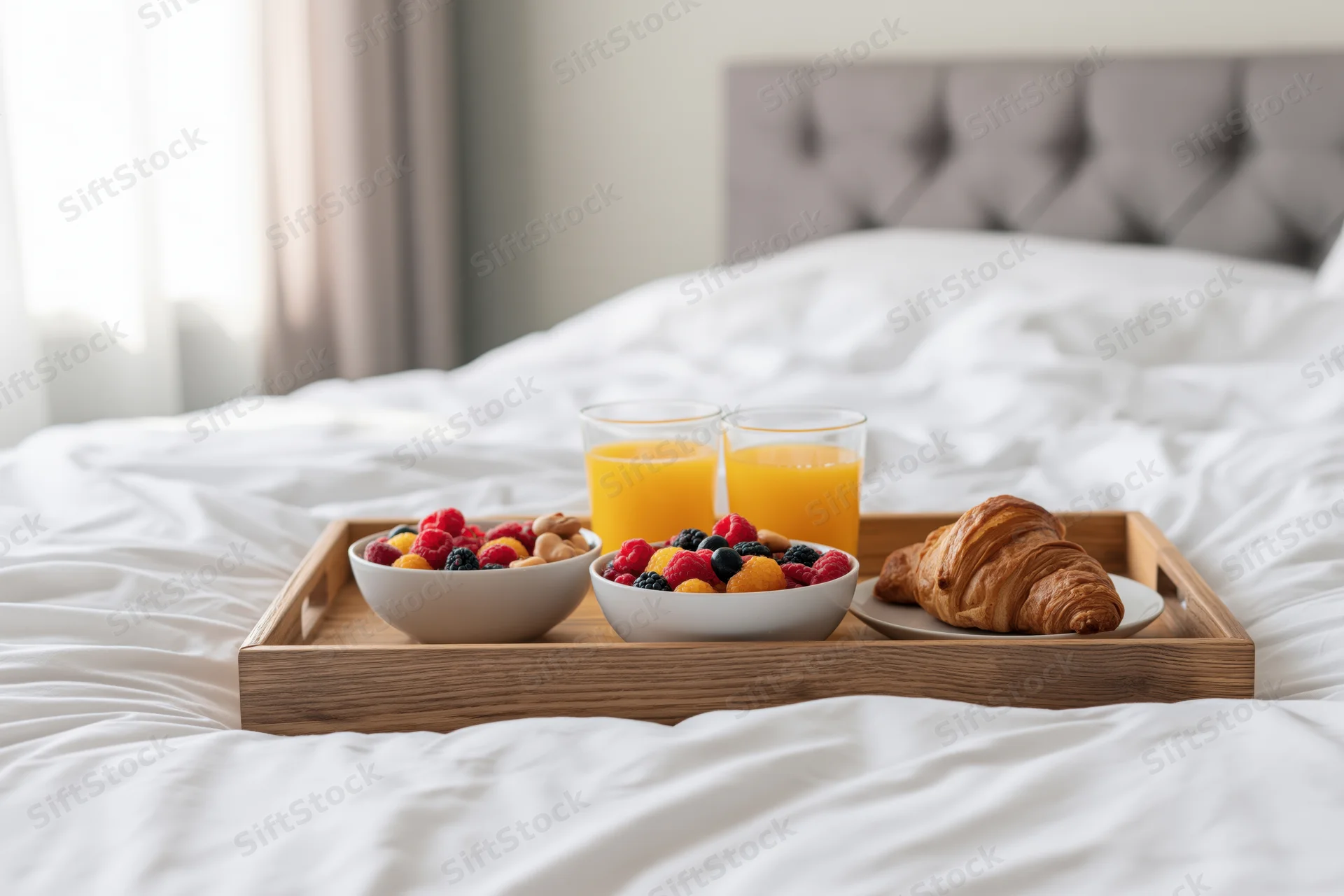 Wooden breakfast tray with fruit, juice and croissant on white bed linen in hotel bedroom