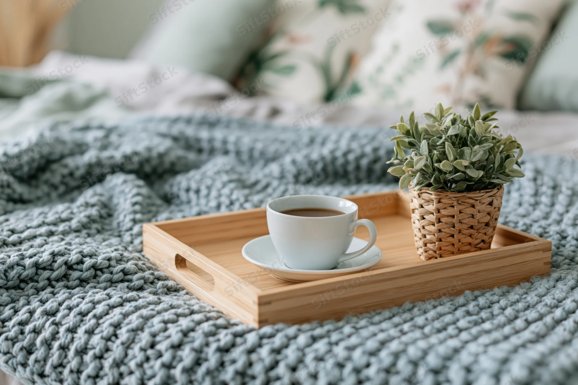 Wooden tray with coffee cup and potted plant on a knitted blanket over a bed