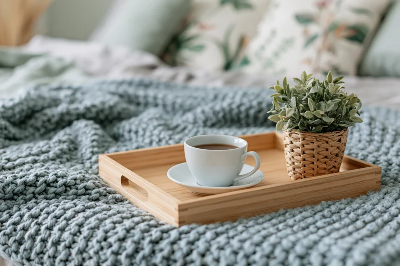 Wooden tray with coffee cup and potted plant on a knitted blanket over a bed