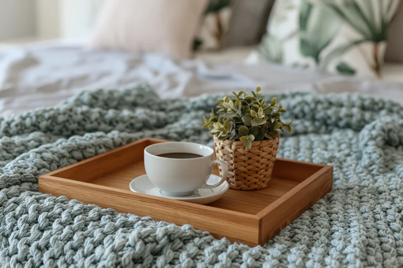 Wooden tray with coffee cup and small plant on knitted blanket in bedroom