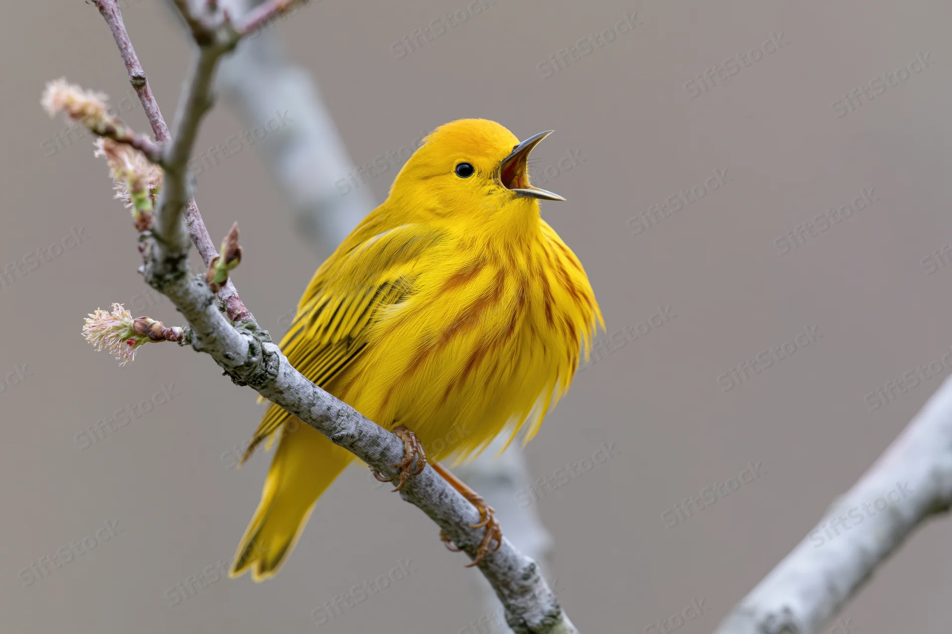 Yellow warbler singing while perched on a bare branch with emerging buds in spring