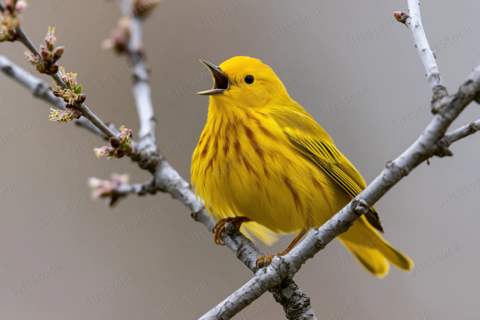 Yellow warbler singing while perched on a bare branch with small buds in spring