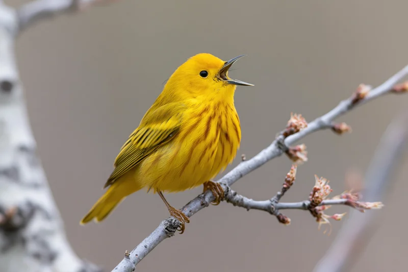 Yellow warbler singing perched on a budding branch in spring woodland