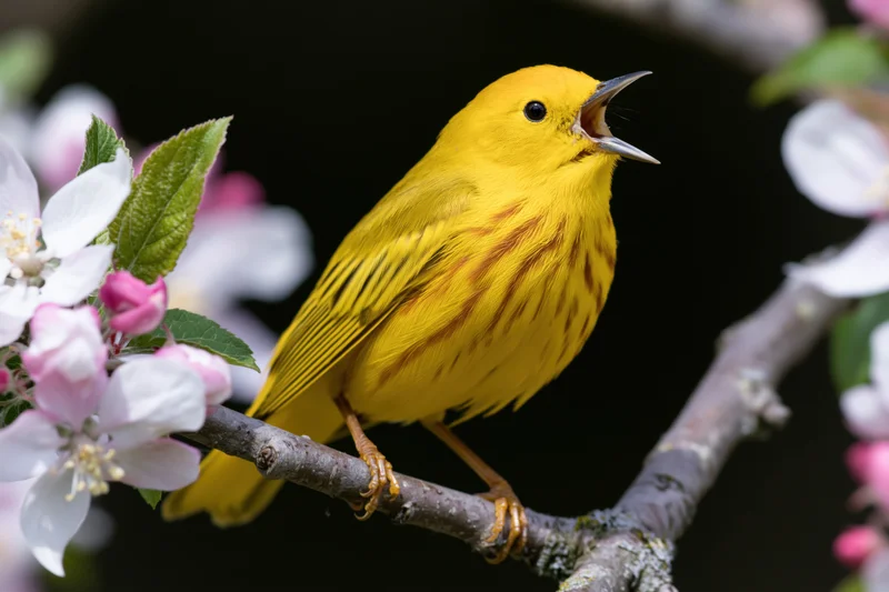 Yellow warbler singing perched on flowering apple tree branch