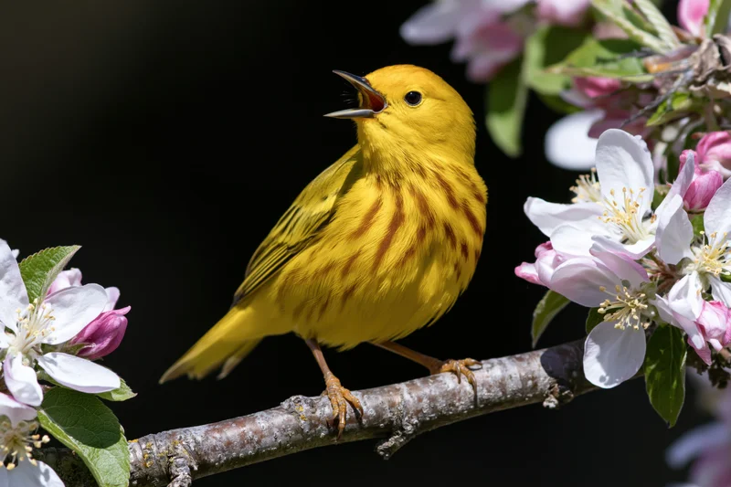 Yellow warbler singing perched on flowering apple tree branch