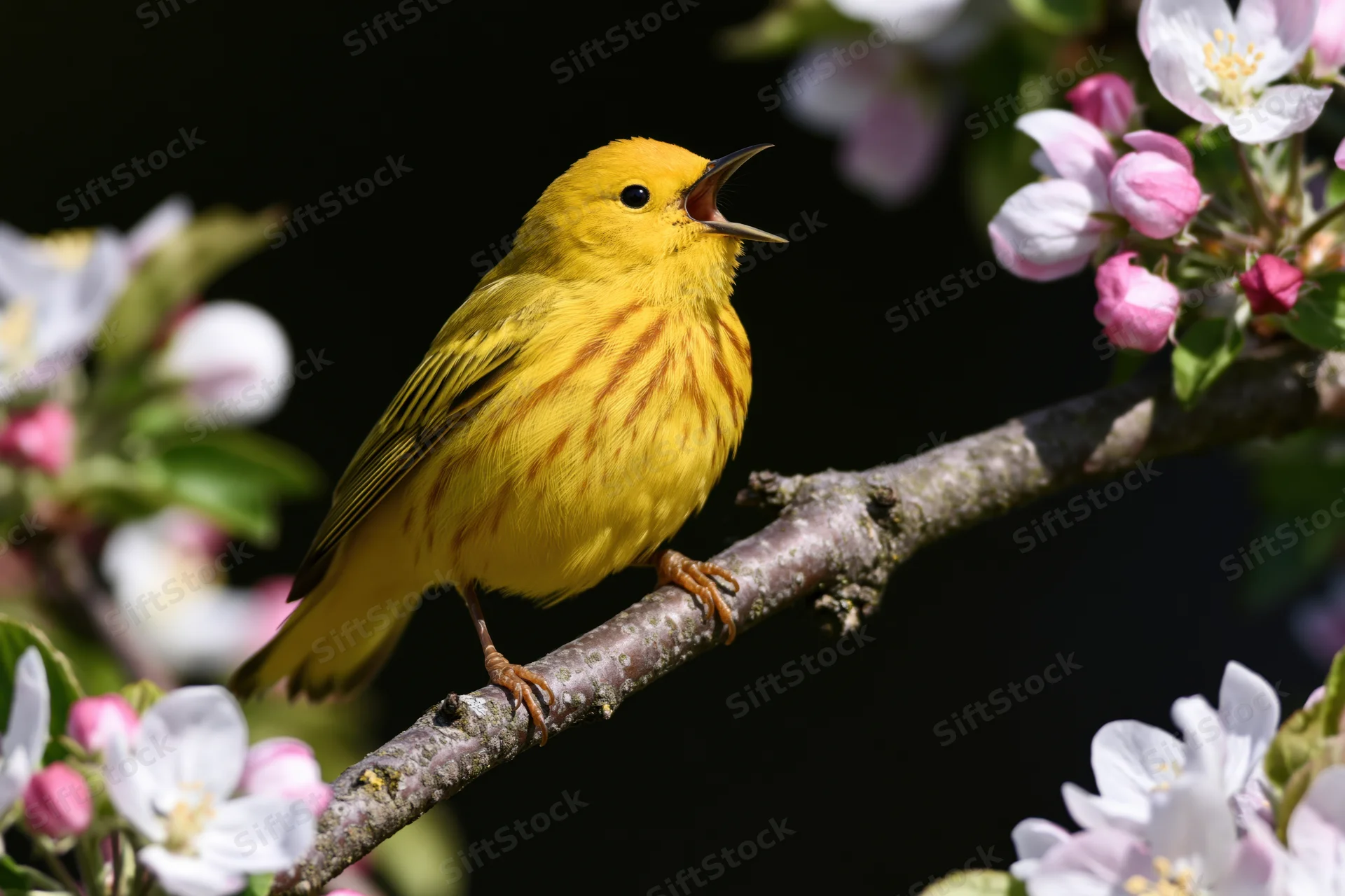 Yellow warbler singing perched on flowering apple tree branch