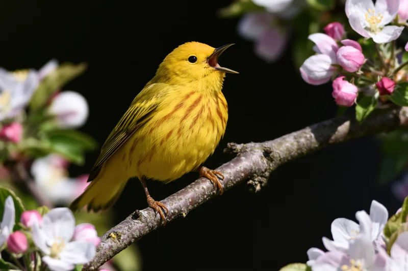Yellow warbler singing perched on flowering apple tree branch