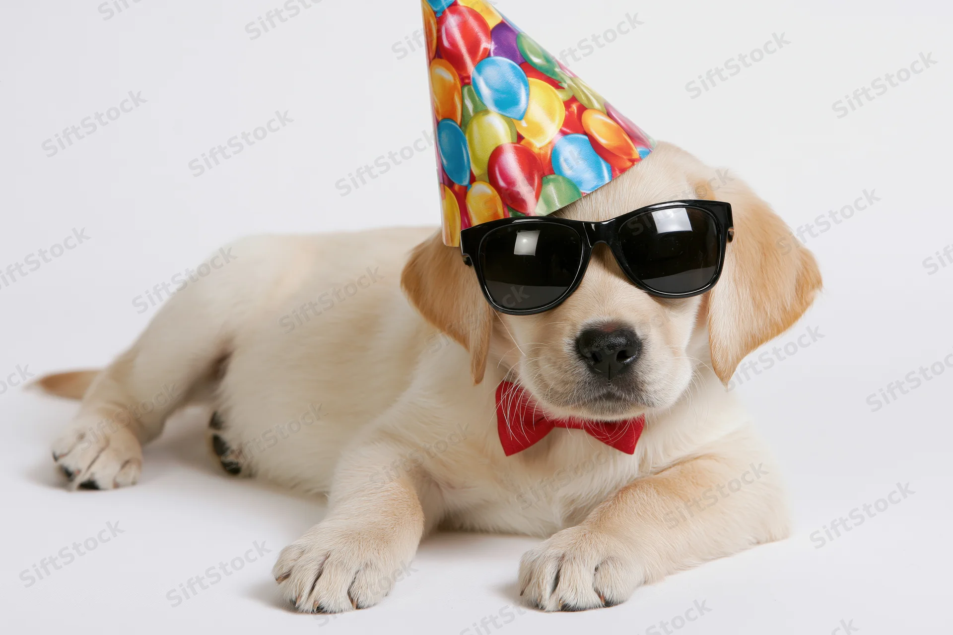 Young golden labrador puppy lying down wearing black sunglasses and a colorful party hat with a red bowtie on white background