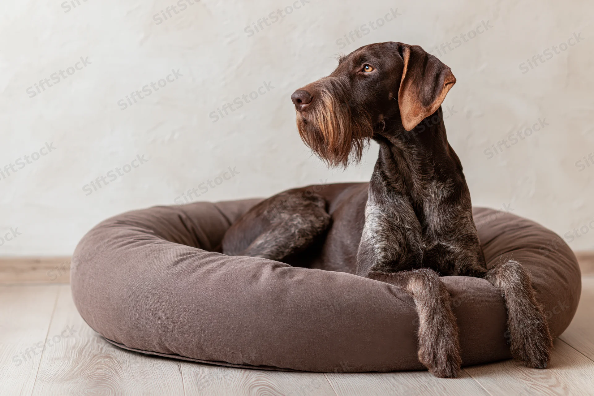 German wirehaired pointer sitting alert in a brown fabric dog bed on wooden floor