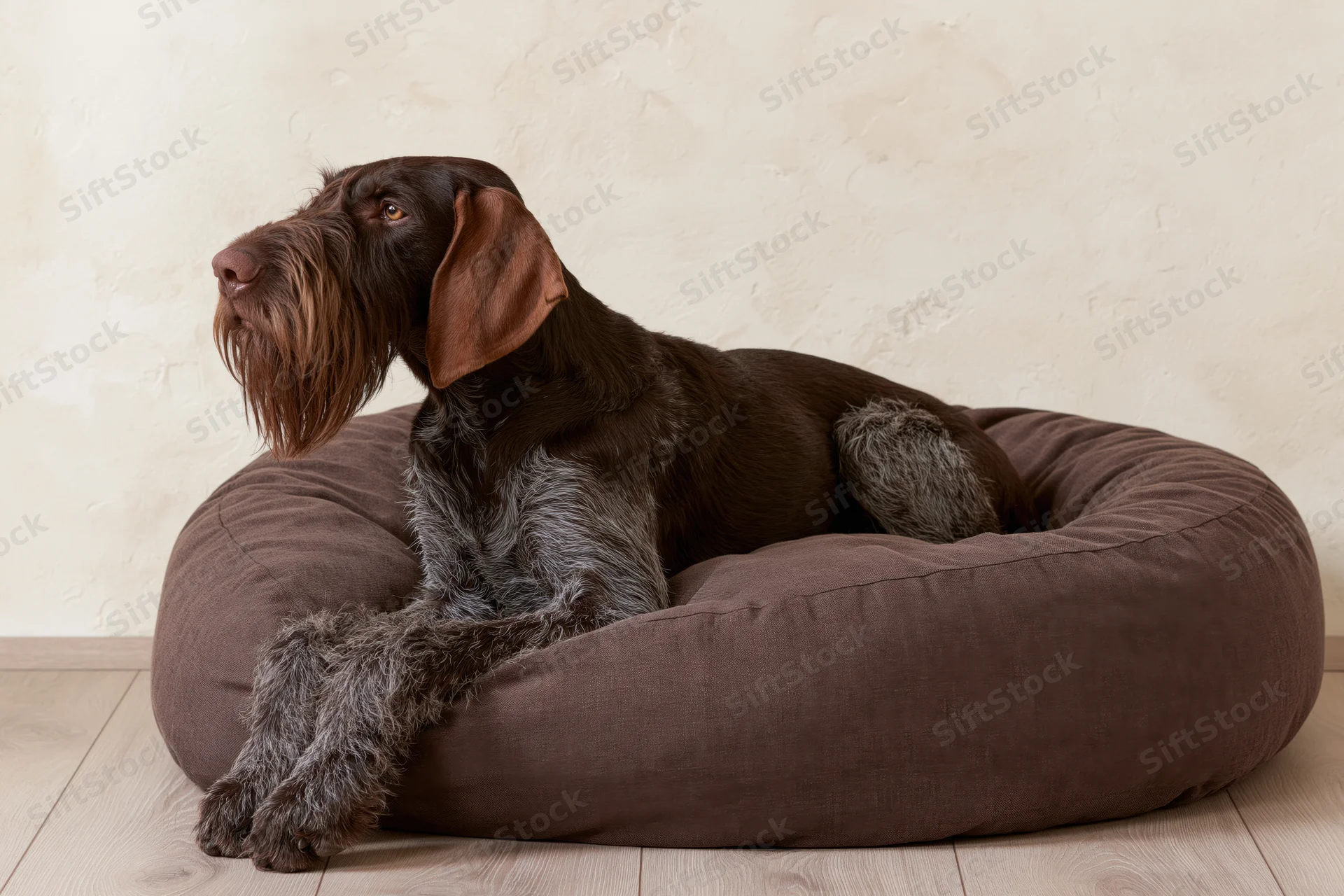 German wirehaired pointer lying alert on a brown fabric dog bed indoors