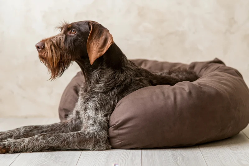 German wirehaired pointer lying alert on a brown dog bed indoors