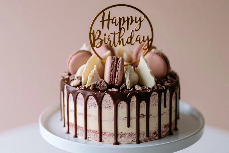 Chocolate drip cake with macarons and gold happy birthday topper on white cake stand