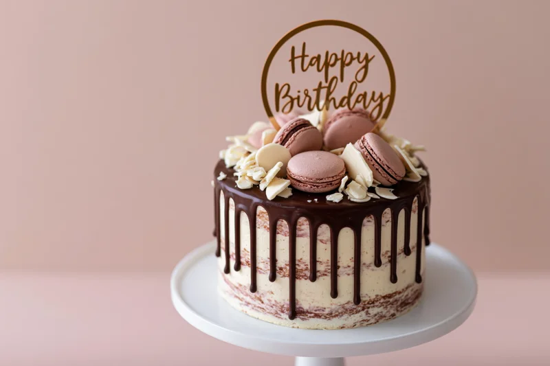 Chocolate drip cake with macarons and happy birthday topper on white stand against pink background