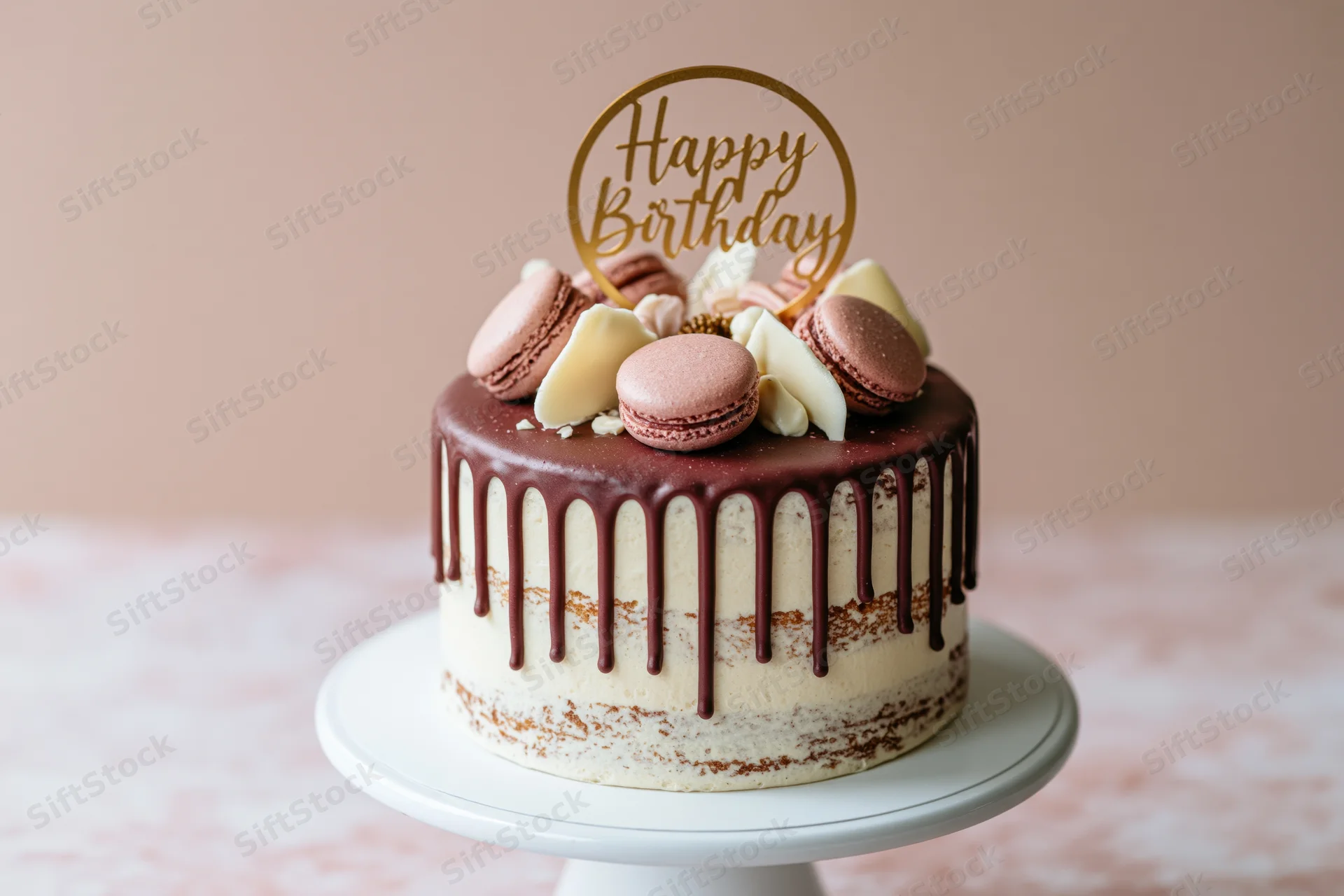 Chocolate drip cake with macarons and happy birthday topper on white stand