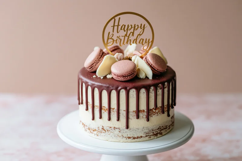 Chocolate drip cake with macarons and happy birthday topper on white stand