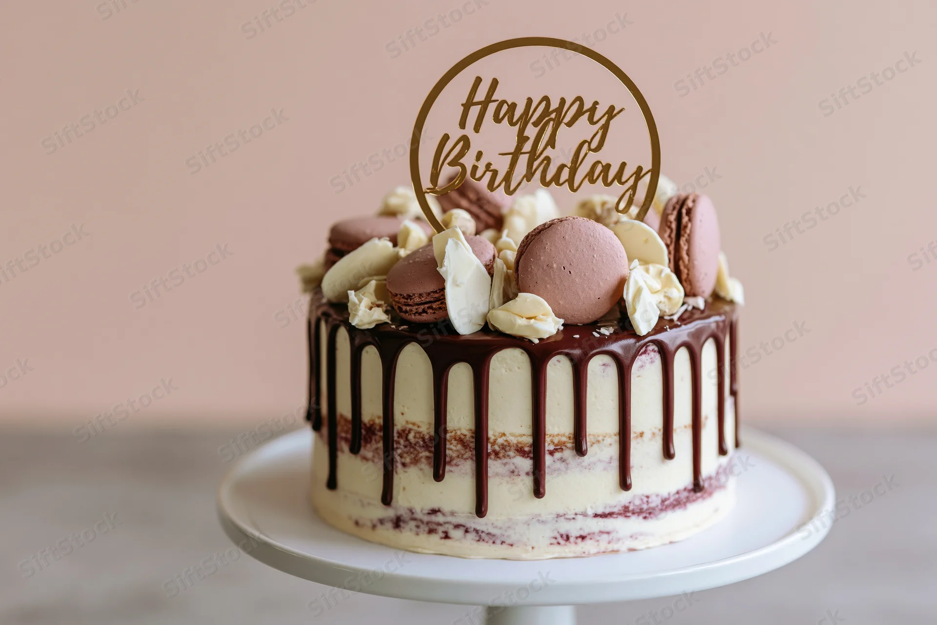 Chocolate-dripping birthday cake with macarons and cream on a white cake stand