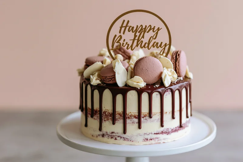 Chocolate-dripping birthday cake with macarons and cream on a white cake stand