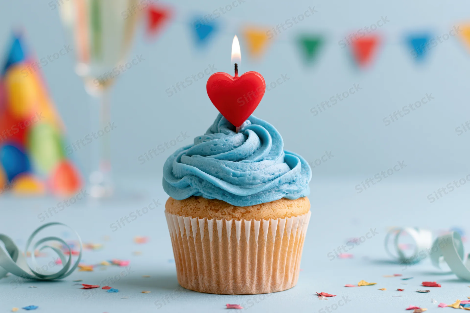 Birthday cupcake with blue frosting and lit red heart candle on a decorated table
