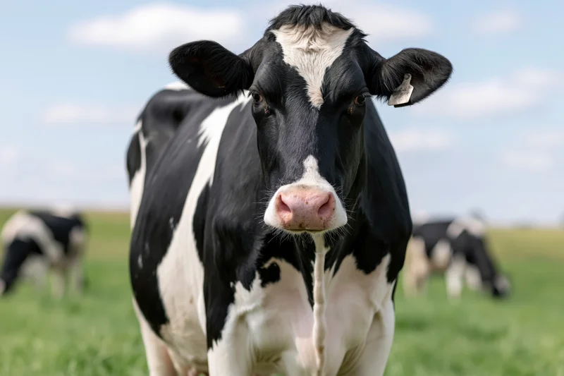 Holstein cow facing camera in a grassy pasture with other cows grazing in the background
